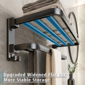 Towel Racks for Bathroom 24in, Grey Towel Rack Wall Mounted, Double Layer Foldable Bathroom Towel Rack, Widen Towel Shelf with Flat Towel Bar for More Stable Storage (Black)