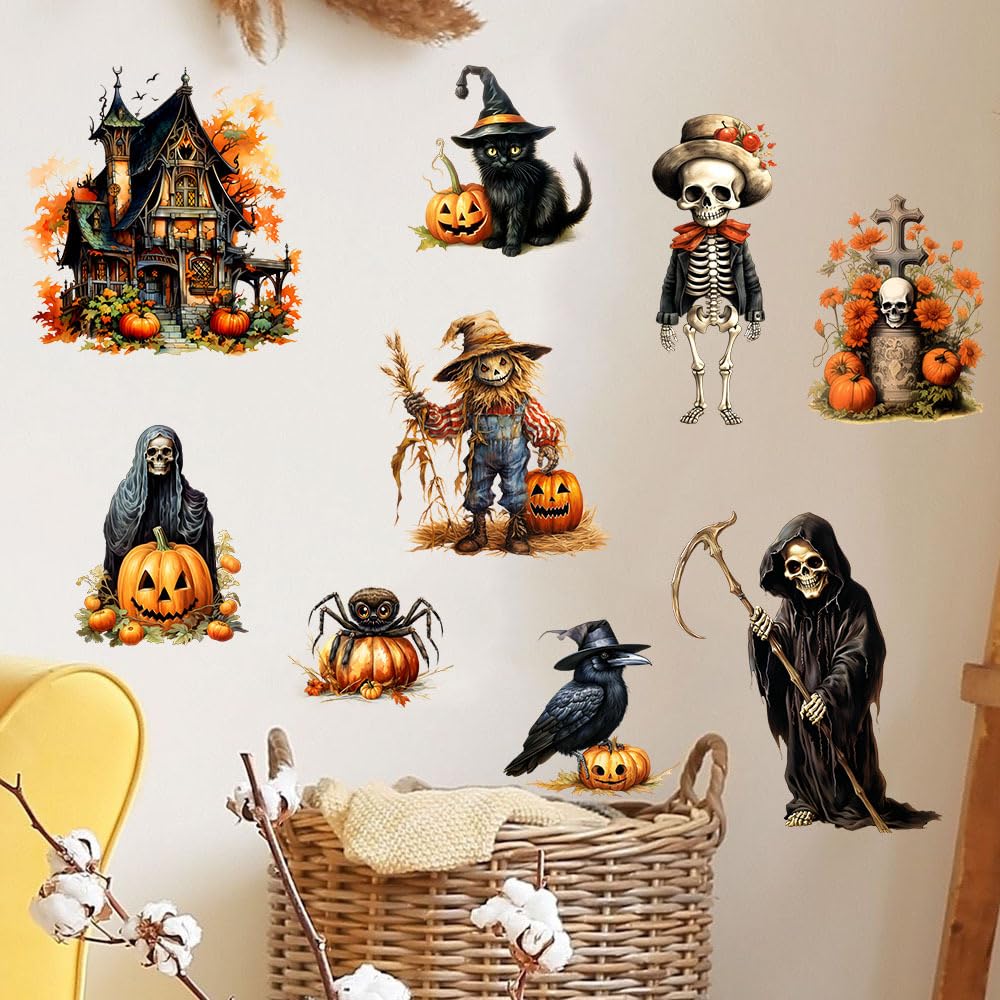 Mirabuy Halloween Wall Stickers Witch Bats Pumpkin Crow Spooky Castle Scarecrow Wall Decals for Halloween Decorations, MB-Halloween-Sticker-1