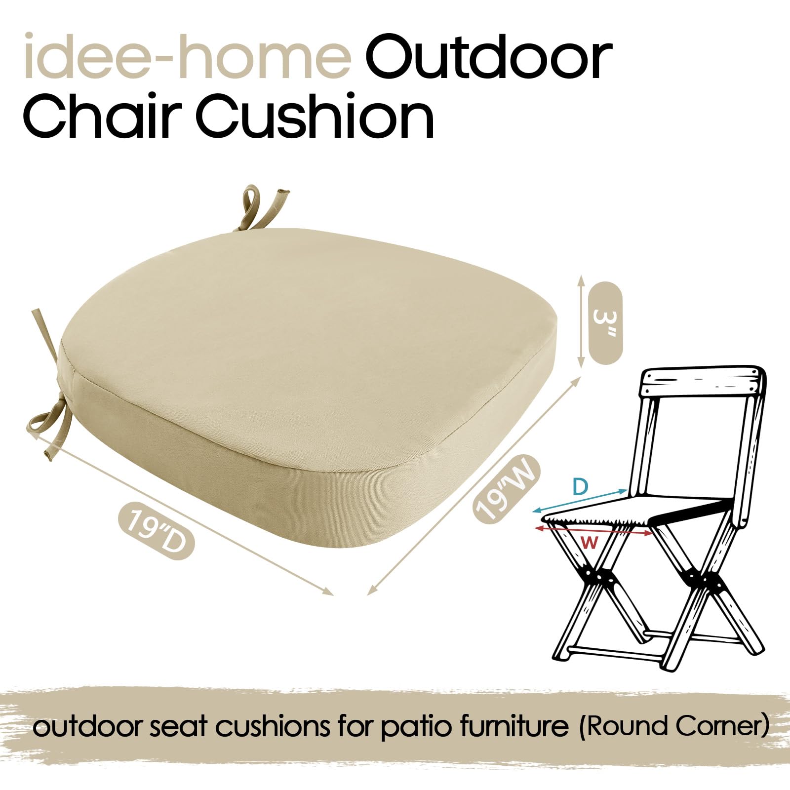 idee-home Outdoor Chair Cushions Set of 4, Thick 19" x 19" x 3" Patio Chair Cushions for Outdoor Furniture Waterproof with Ties, Outdoor Seat Cushion, Chair Pads Dining Chair Beige