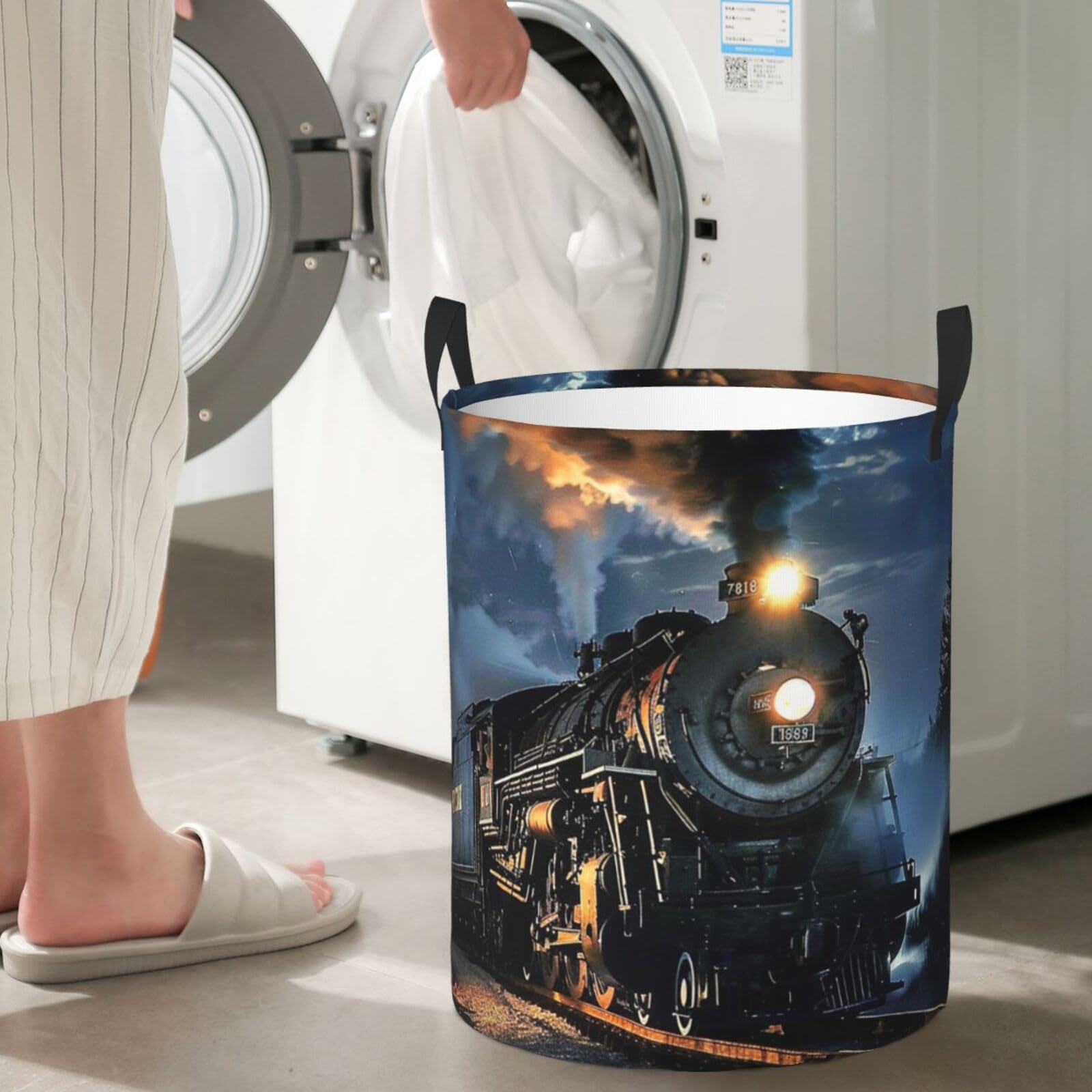 HSYOYO Train Laundry Basket Collapsible Laundry Hamper Large Round Laundry Storage Basket with Handles Waterproof Laundry Organizer Bag for Clothes Toy Bedroom Nursery