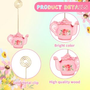 12 Pcs Teapot Wooden Place Card Holder Tea Floral Party Wooden Table Sign Teapot Picture Number Sign Stands Holder for Wonderland Tea Party Baby Shower Tea Party Name Holders