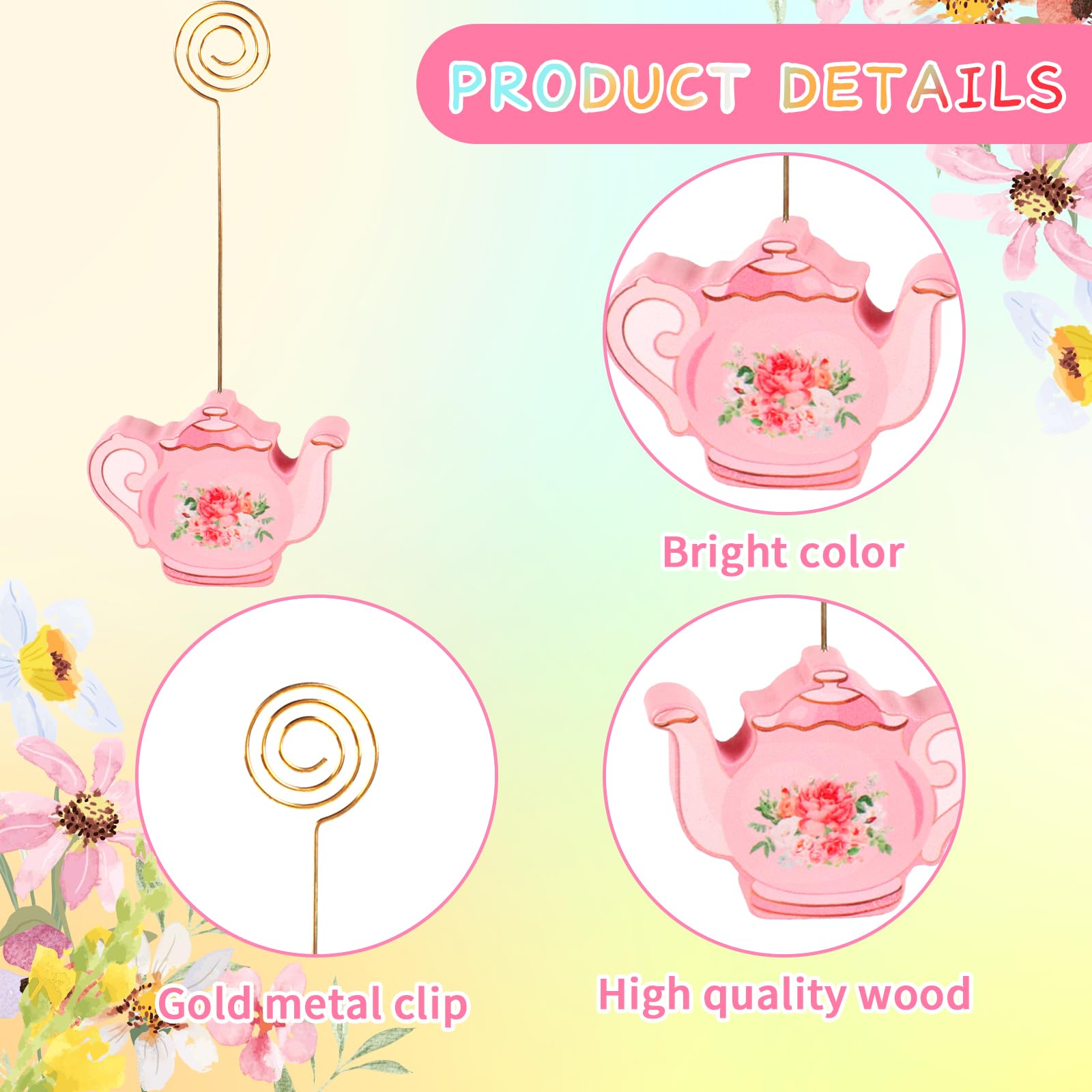 12 Pcs Teapot Wooden Place Card Holder Tea Floral Party Wooden Table Sign Teapot Picture Number Sign Stands Holder for Wonderland Tea Party Baby Shower Tea Party Name Holders