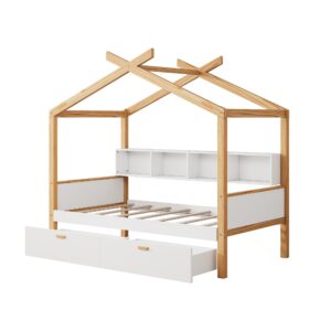 Merax Kids House Beds with Drawers & Shelves,Full Wood Storage Low Bed Frames for Boys,Girls, No Box Spring Need/Easy Assemble(Full,White)