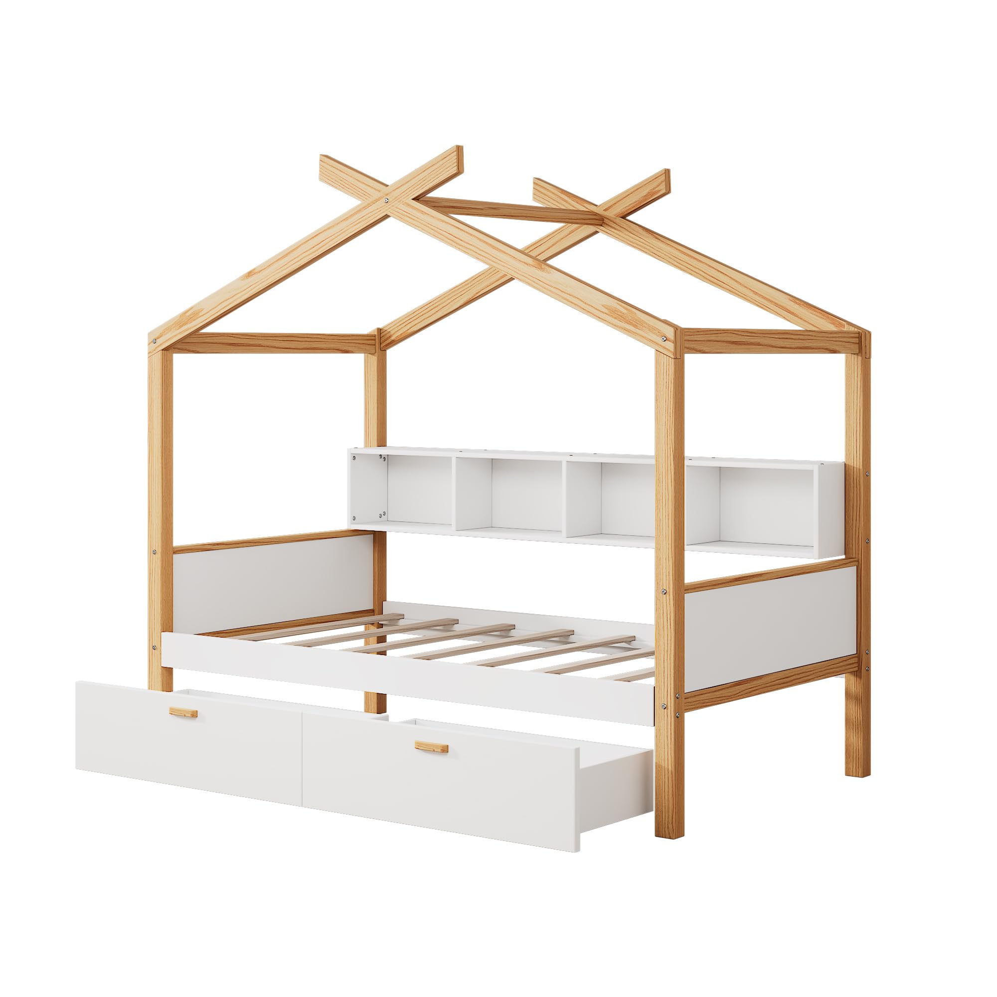 Merax Kids House Beds with Drawers & Shelves,Full Wood Storage Low Bed Frames for Boys,Girls, No Box Spring Need/Easy Assemble(Full,White)