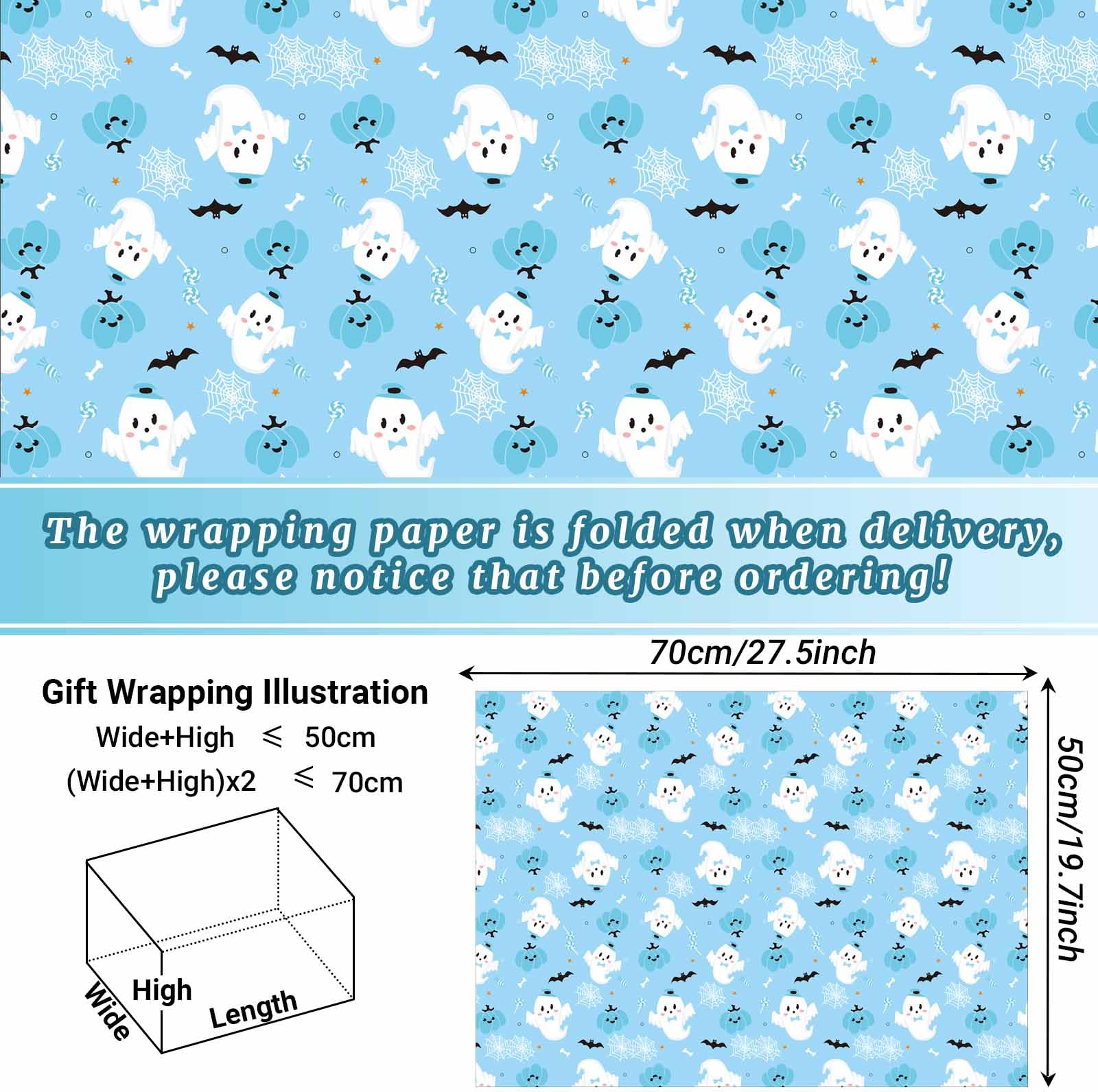 12 Sheets Halloween Wrapping Paper Blue Ghost Pumpkin Bat Printed Gift Wrap Paper Folded Flat Art Decorative Paper for Happy Boo Day Gifts Wrapping Baby Shower DIY Crafts, 19.7 x 27.5 inch