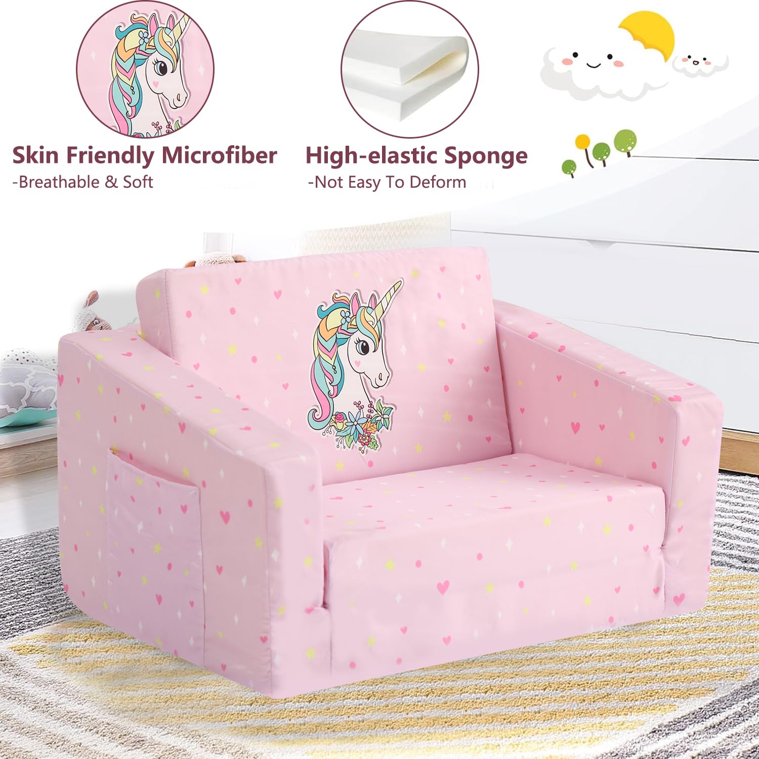 JoiyeScent Large Play Kids Sofa, Children's 2 in 1 Convertible Sofa to Lounger, Extra Soft Sofa Bed Fold Out for Toddler Girls, Cute Unicorn Print Pre-Assembled Kids Furniture for Playroom Bedroom