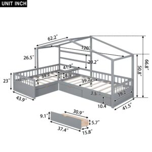 Merax House Bed for 2 Kids Twin Size, Wood L-Shaped Double Platform Bed with 3 Storage Drawers, for Boys Girls Teens, Grey