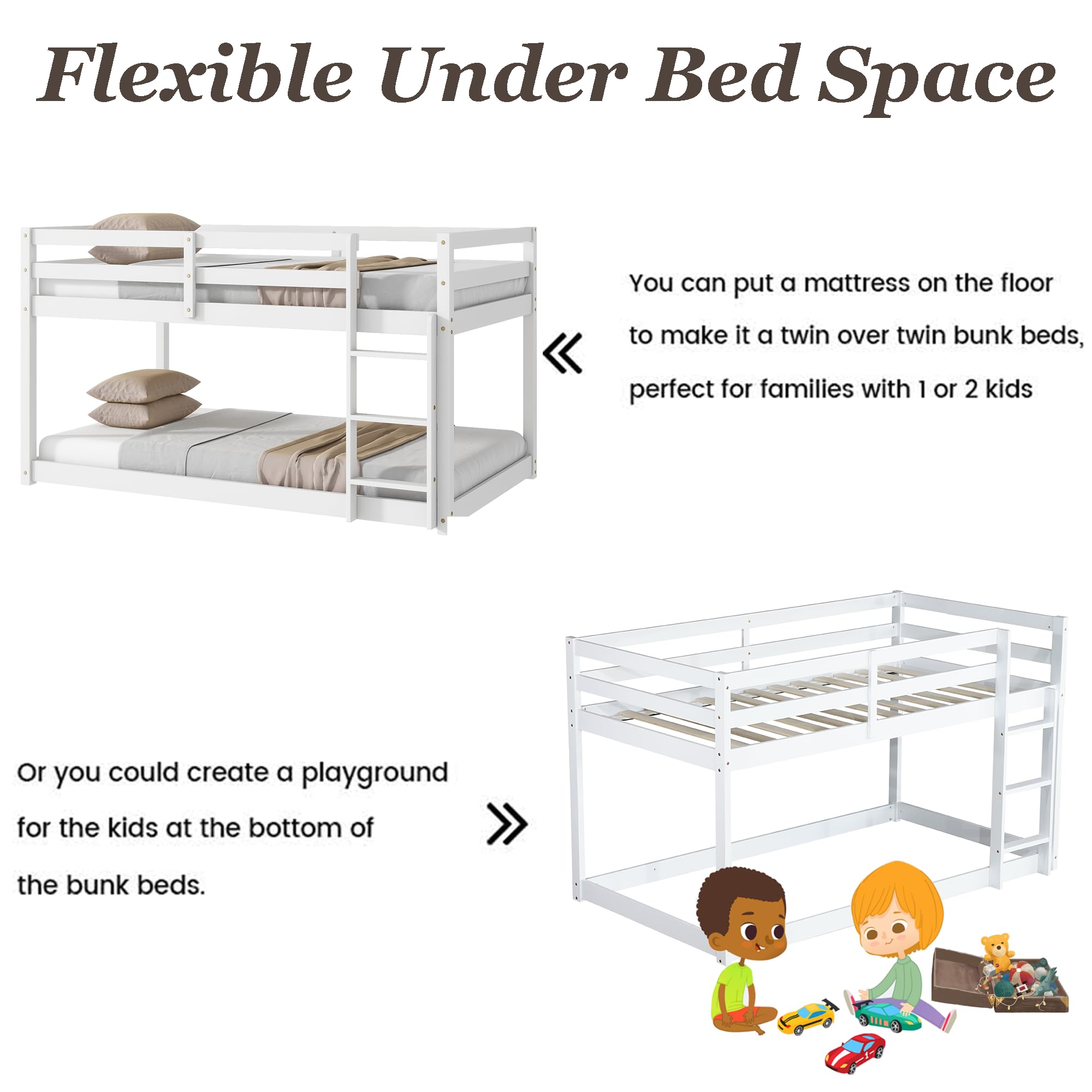 Bunk Bed Twin Over Twin, Floor Bunk Bed with Ladder, Solid Rubber Wooden Low Twin Bunk Beds for Kids Teens , Ideal for Multiple-Child Family, Apartment, Dormitory, No Box Spring Needed,White