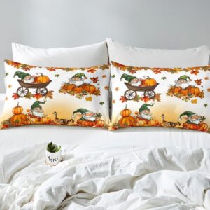 Thanksgiving Autumn Duvet Cover Set King Size,Gnome Fall Harvest Pumpkin Bedding Set,Boys Girls Room Decor,Turkey Maple Leaves Comforter Cover,Orange Quilt Cover,2 Pillowcases(No Comforter)