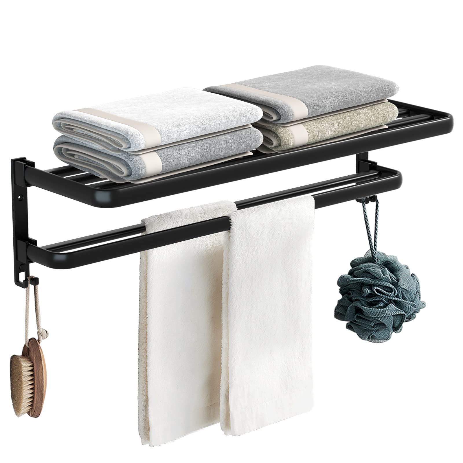 Towel Racks for Bathroom 24in, Grey Towel Rack Wall Mounted, Double Layer Foldable Bathroom Towel Rack, Widen Towel Shelf with Flat Towel Bar for More Stable Storage (Black)