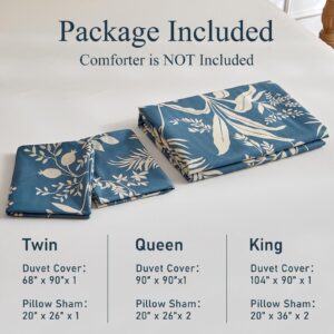 OLDBIAO Botanical Duvet Cover Set King Size, 3 Pieces Blue Floral Leaf Pattern Bedding Set with 2 Pillow Shams, Farmhouse Style Soft Microfiber Comforter Cover Set for All Season Use