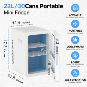 advwin 22L Mini Fridge for Bedroom, 30 Cans Portable Cooler & Warmer Compact Refrigerators with AC/DC Power for Skin Care, Beverage, Cosmetics, Food, Drinks, Office Desk Dorm Room, Chic White