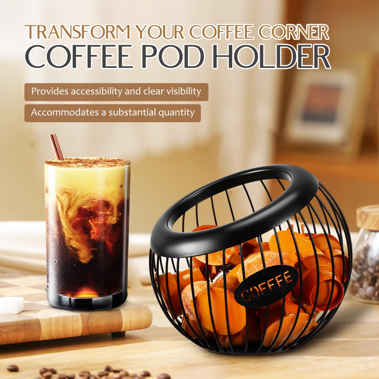 Gadpiparty Coffee Pod Holder Large Capacity Espresso Pod Holder Metal Coffee Storage Coffee Pod Organizer Coffee Pod Basket Coffee Station Tea Bag Holder (Black)