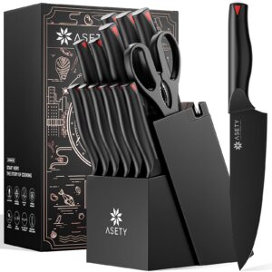 asety knife set, 15 pcs kitchen knife set with bulti-in sharpener block, stainless steel knife block set, dishwasher safe knives sets for kitchen, black, elegant box