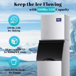 COTLIN Commercial Ice Machine Maker 500Lbs/24H with 350Lbs Storage Bin, 22" Industrial Ice Maker Ice-Ready in 8-15mins, SECOP Compressor, Cube Ice Maker Machine for Bar/Restaurant/Cafe