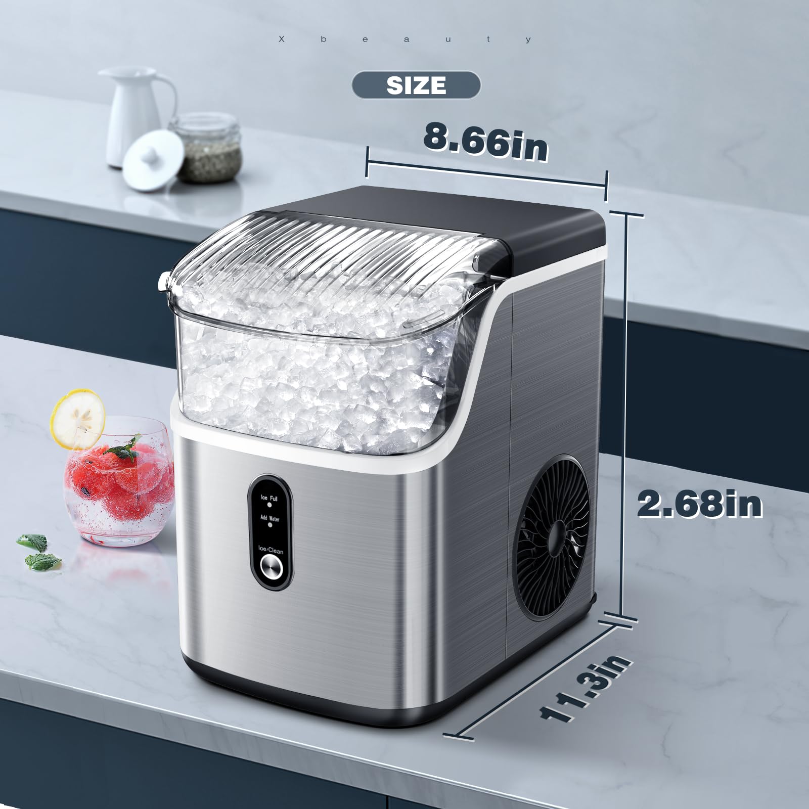 Nugget Ice Maker Countertop Up to 35lbs of Ice a Day,Self-Cleaning Nugget Ice Maker,Removable Ice Basket&Scoop for Home/Kitchen/Office/Party,Stainless Steel