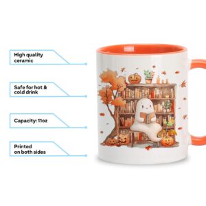 Hyturtle Fall Halloween Coffee Mug - Cute Ghost Reading Book Mug - Maple Leaves Spooky Pumpkin Gifts For Men Women On Halloween Birthday Christmas - 11oz Two Tone Orange/White Ceramic Coffee Tea Cup