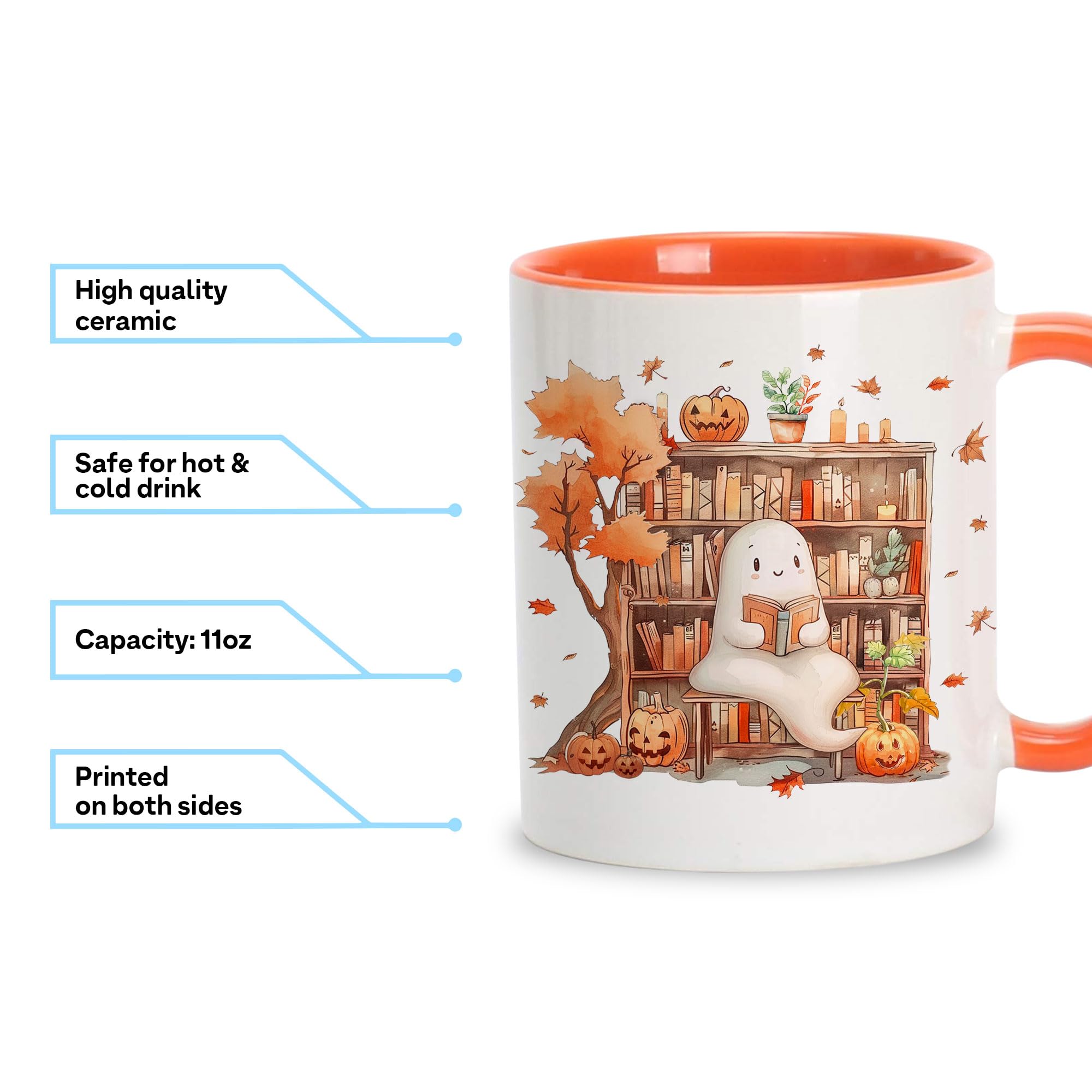 Hyturtle Fall Halloween Coffee Mug - Cute Ghost Reading Book Mug - Maple Leaves Spooky Pumpkin Gifts For Men Women On Halloween Birthday Christmas - 11oz Two Tone Orange/White Ceramic Coffee Tea Cup