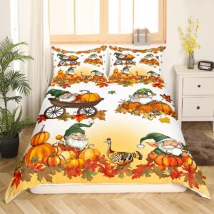 Thanksgiving Autumn Duvet Cover Set King Size,Gnome Fall Harvest Pumpkin Bedding Set,Boys Girls Room Decor,Turkey Maple Leaves Comforter Cover,Orange Quilt Cover,2 Pillowcases(No Comforter)