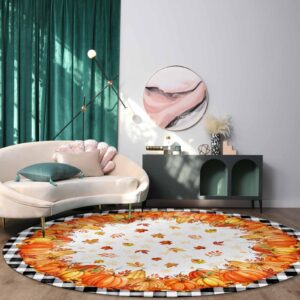 Huotupsine Fall Thanksgiving Round Area Rugs, Orange Pumpkins Maple Leaf Black Plaid Non-Skid Children Playing Mat, 3ft Soft Circle Farmhouse Rugs for Living Room, Bedroom, Dining Room