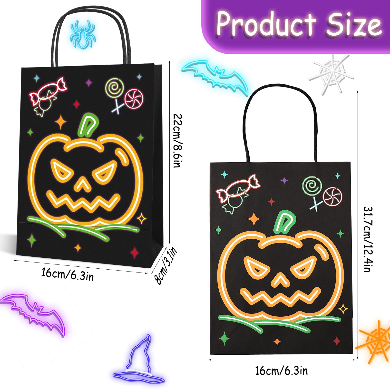 NODMIPNS 24 Pack Halloween Paper Gift Candy Bags with Handle,Halloween Neon Black Shining Trick or Treat Goody Bags,Kraft Paper Halloween Candy Bags for Goodie Snack Trick or Treating Party Supplies