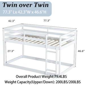 Bunk Bed Twin Over Twin, Floor Bunk Bed with Ladder, Solid Rubber Wooden Low Twin Bunk Beds for Kids Teens , Ideal for Multiple-Child Family, Apartment, Dormitory, No Box Spring Needed,White