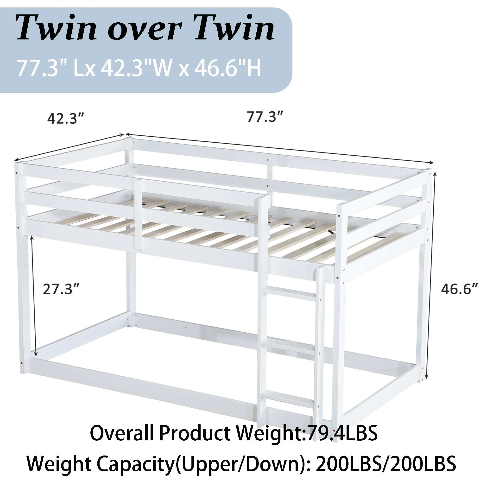 Bunk Bed Twin Over Twin, Floor Bunk Bed with Ladder, Solid Rubber Wooden Low Twin Bunk Beds for Kids Teens , Ideal for Multiple-Child Family, Apartment, Dormitory, No Box Spring Needed,White