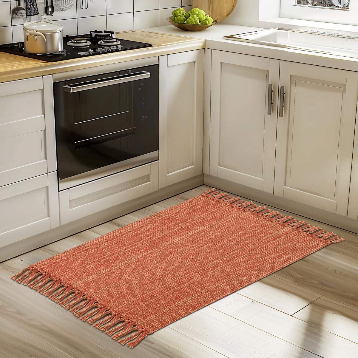 Boho Bathroom Rug, 2' x 3' Small Area Rug Hand-Woven Low Profile Entryway Rug with Tassels, Terracotta Cotton Braided Reversible Washable Kitchen Mat Farmhouse Fall Front Door Rug for Foyer Indoor