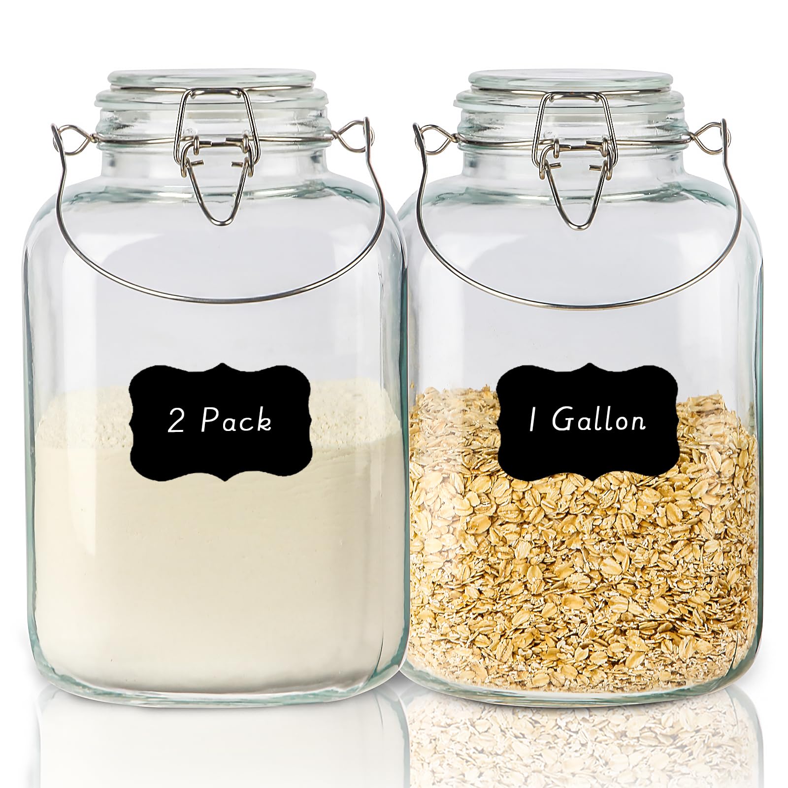 1 Gallon Airtight Glass Food Storage Jars Set of 2 with Lids, Extra Large Glass Storage Containers with Handle for Flour, Cereal, Coffee and Canning, Square Mason Jars with 8 Chalkboard Labels