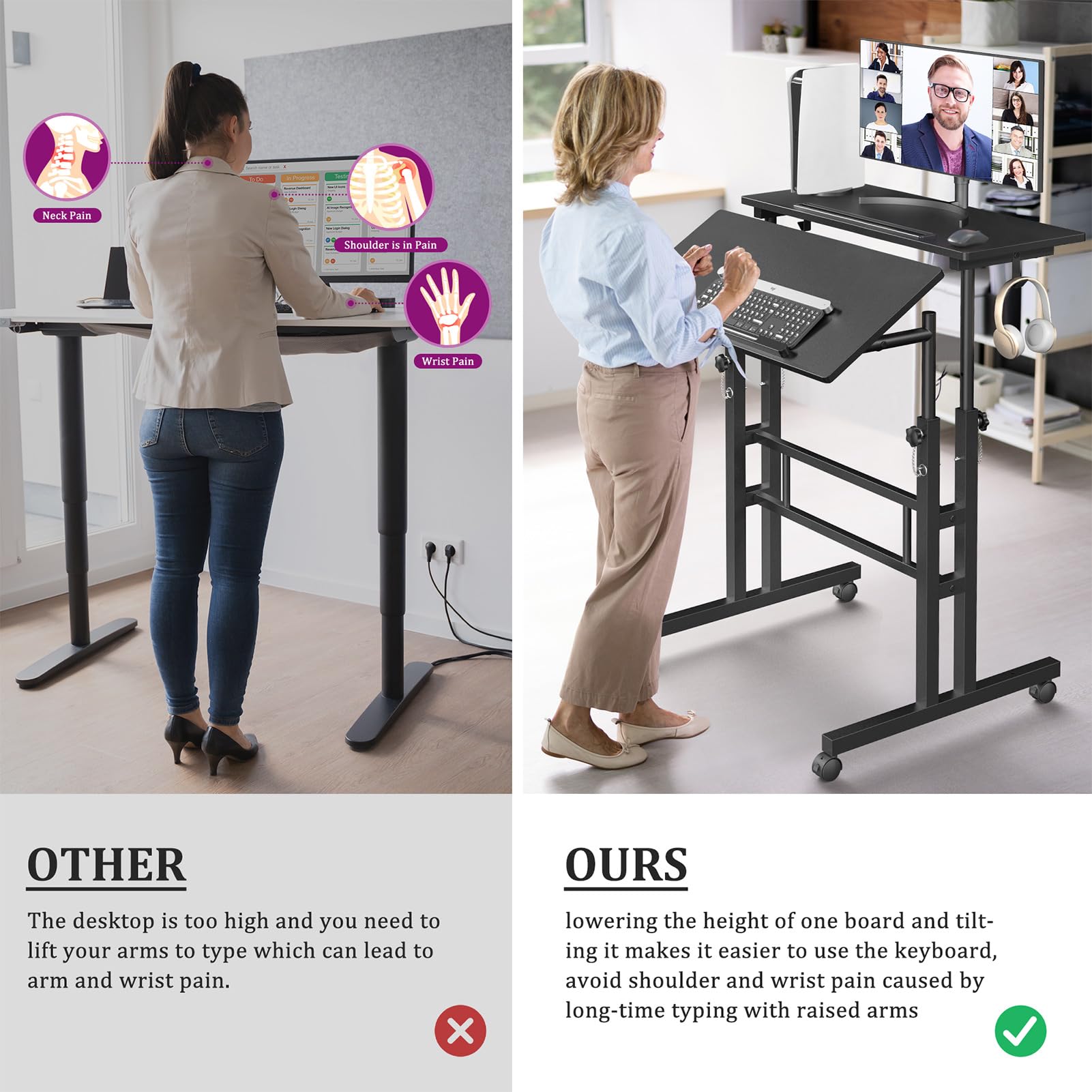 Small Standing Desk with Wheels, Stand Up Desk, Mobile Desk, Portable Standing Desk on Wheels, Standing Desk for Walking Pad, Rolling Desk Adjustable Height, Rolling Computer Desk, Tall Desk on Wheels