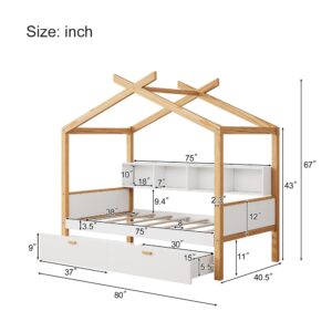 Merax Kids House Beds with Drawers & Shelves,Full Wood Storage Low Bed Frames for Boys,Girls, No Box Spring Need/Easy Assemble(Full,White)