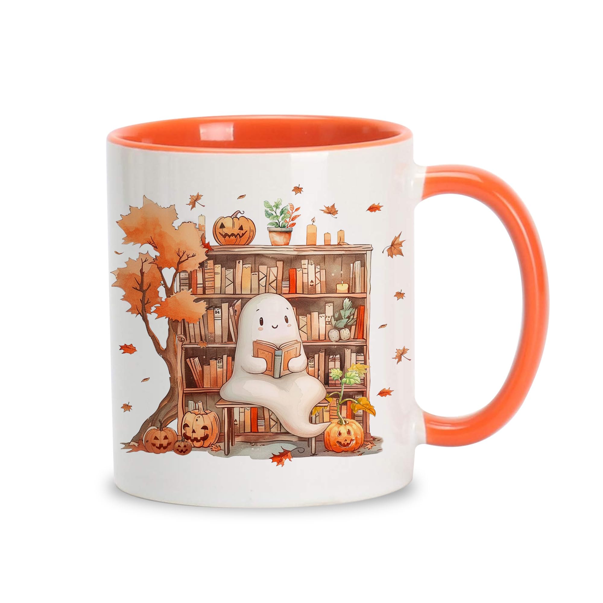 Hyturtle Fall Halloween Coffee Mug - Cute Ghost Reading Book Mug - Maple Leaves Spooky Pumpkin Gifts For Men Women On Halloween Birthday Christmas - 11oz Two Tone Orange/White Ceramic Coffee Tea Cup