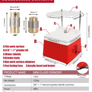 Podoy Stained Grinders Glass, Mini Power Industrial Glass Ceramics Grinding Tool with 5/8" + 1" Diamond Grinder Bit + Acrylic Bezel (110 V, Red)