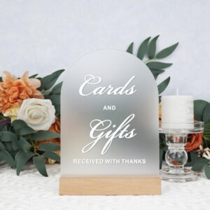 cards and gifts sign for ceremony and reception, acrylic wedding signs with wood stand, 5x7" frosted arch cards sign for card box, perfect for rustic wedding decoration, party, anniversary, event