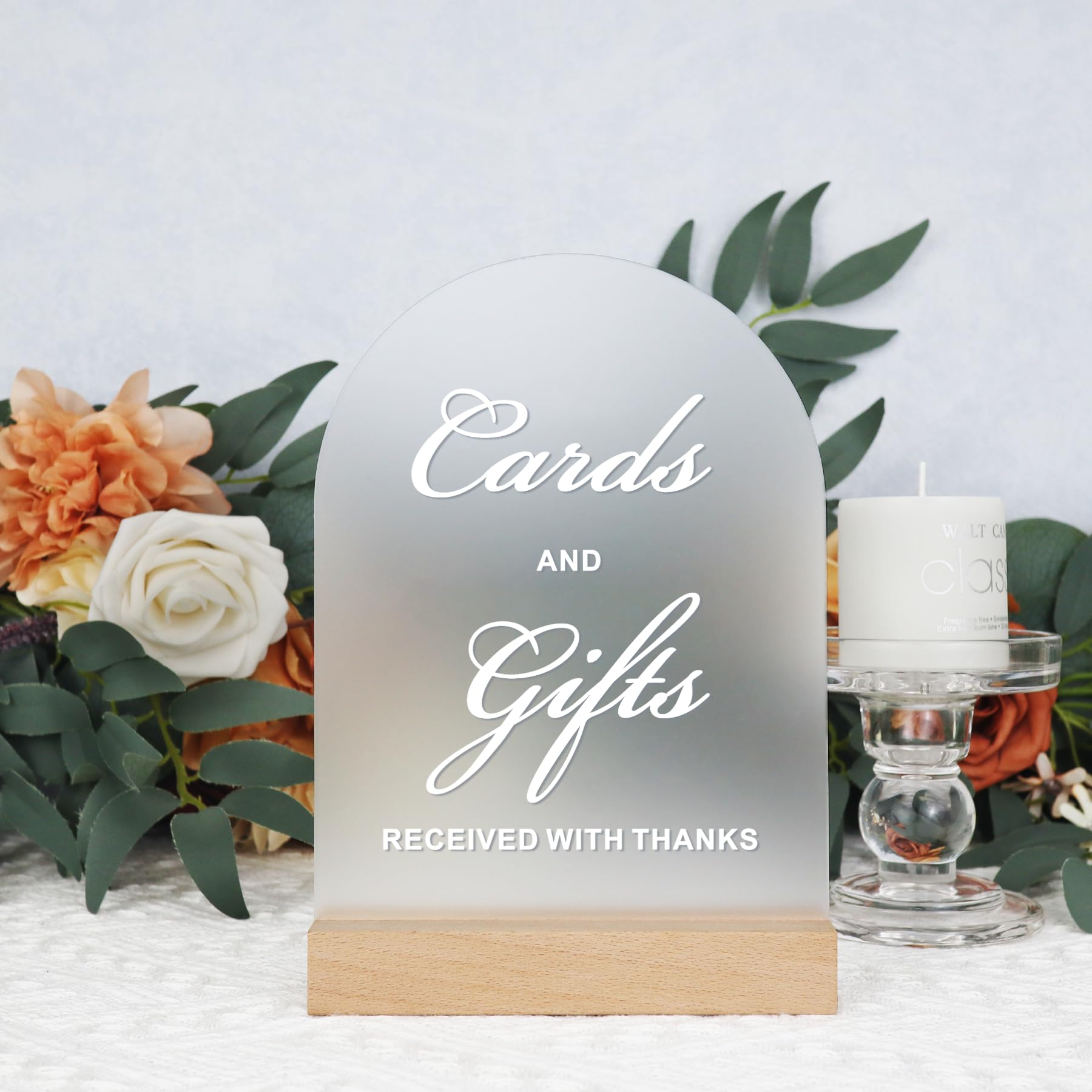 Cards and Gifts Sign for Ceremony and Reception, Acrylic Wedding Signs with Wood Stand, 5x7" Frosted Arch Cards Sign for Card Box, Perfect for Rustic Wedding Decoration, Party, Anniversary, Event