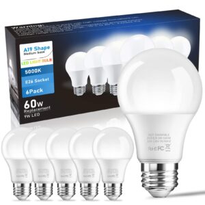 btbhiho 6-pack a19 led light bulbs 60w equivalent 806 lumens, 9w 5000k warm white non-dimmable, no flicker, super bright cri85+ standard e26 edison screw bulbs for bedroom, home, office