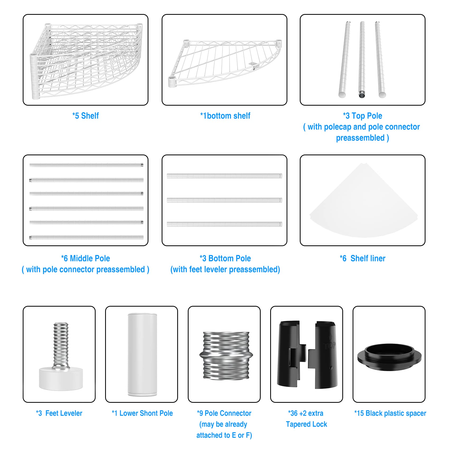 White 6 Tier NSF Metal Triangular Corner Wire Shelving Units, 420lbs Storage Rack for Kitchen, Utility Room, Warehouse, 72" H x 18" L x 18" W