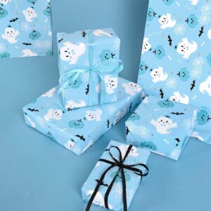 12 Sheets Halloween Wrapping Paper Blue Ghost Pumpkin Bat Printed Gift Wrap Paper Folded Flat Art Decorative Paper for Happy Boo Day Gifts Wrapping Baby Shower DIY Crafts, 19.7 x 27.5 inch