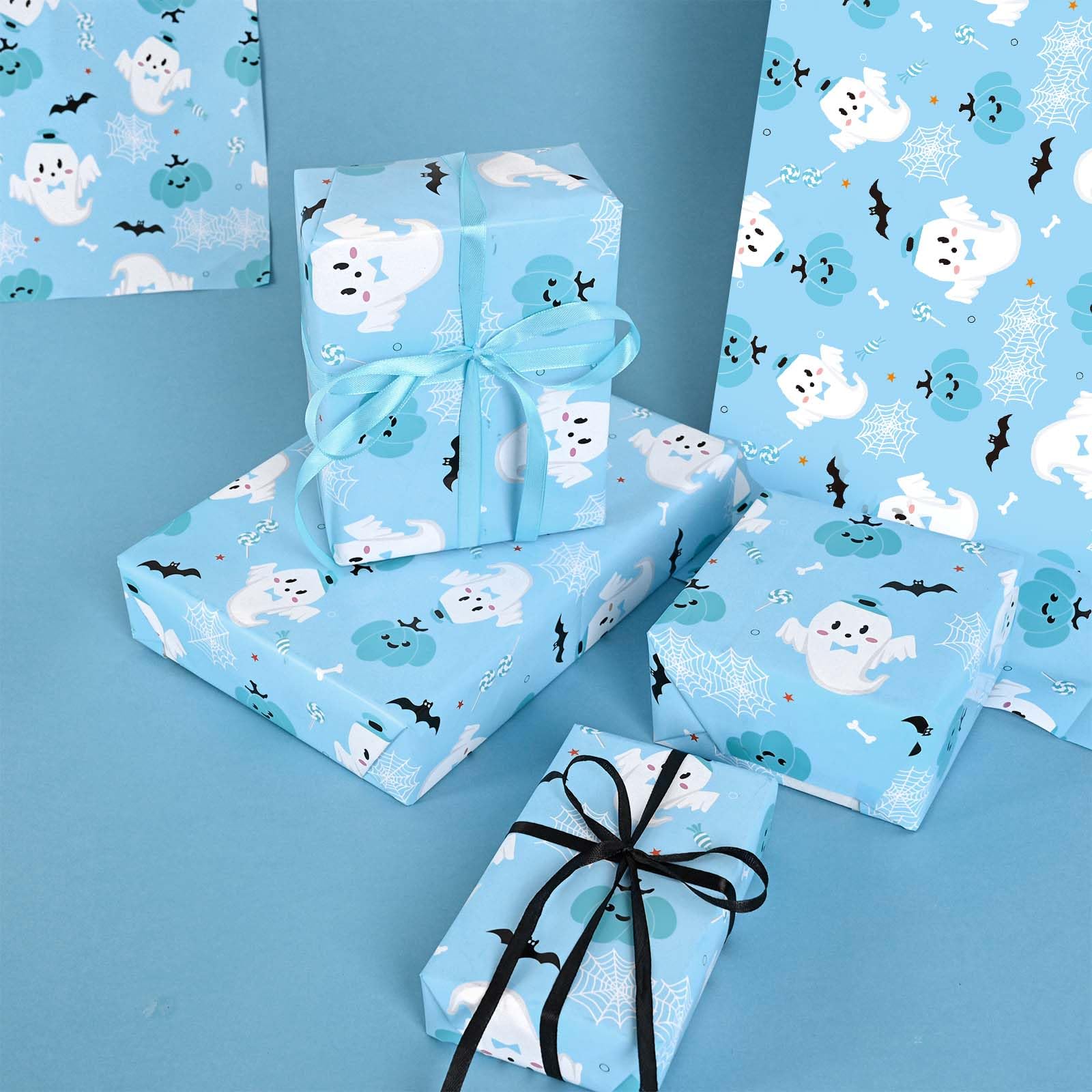 12 Sheets Halloween Wrapping Paper Blue Ghost Pumpkin Bat Printed Gift Wrap Paper Folded Flat Art Decorative Paper for Happy Boo Day Gifts Wrapping Baby Shower DIY Crafts, 19.7 x 27.5 inch