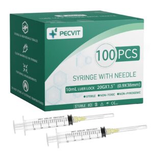 100pcs 10ml syringe with 20ga 1.5 inch for scientific labs,liquids refilling and measuring,individually wrapped.