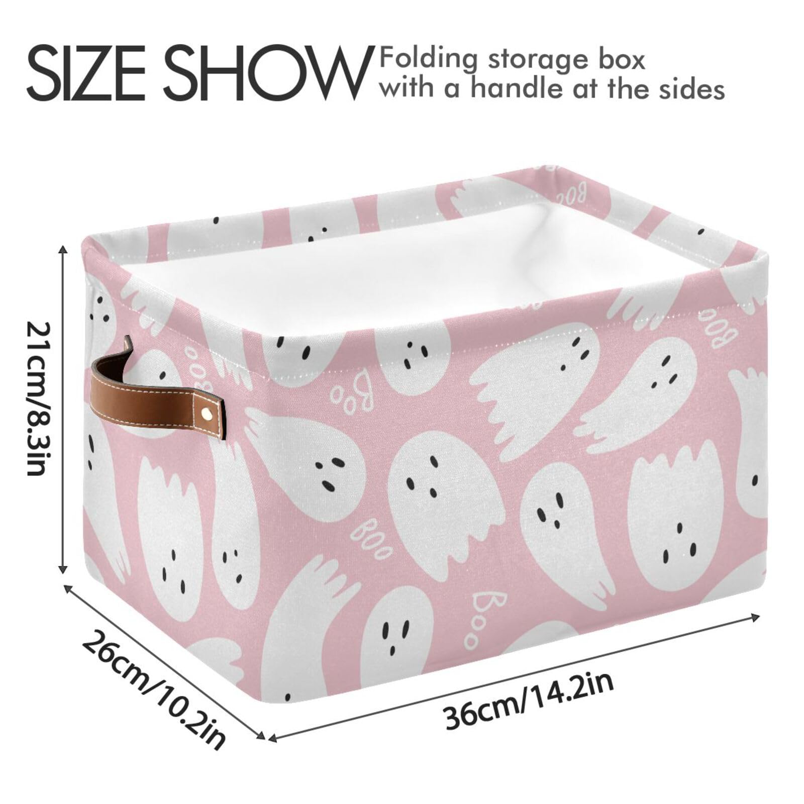 ZENWAWA Storage Cube Pink Halloween Cartoon Print Collapsible Fabric, Large Foldable Open Organizer Bins Baskets with PU Handles 1 Pack