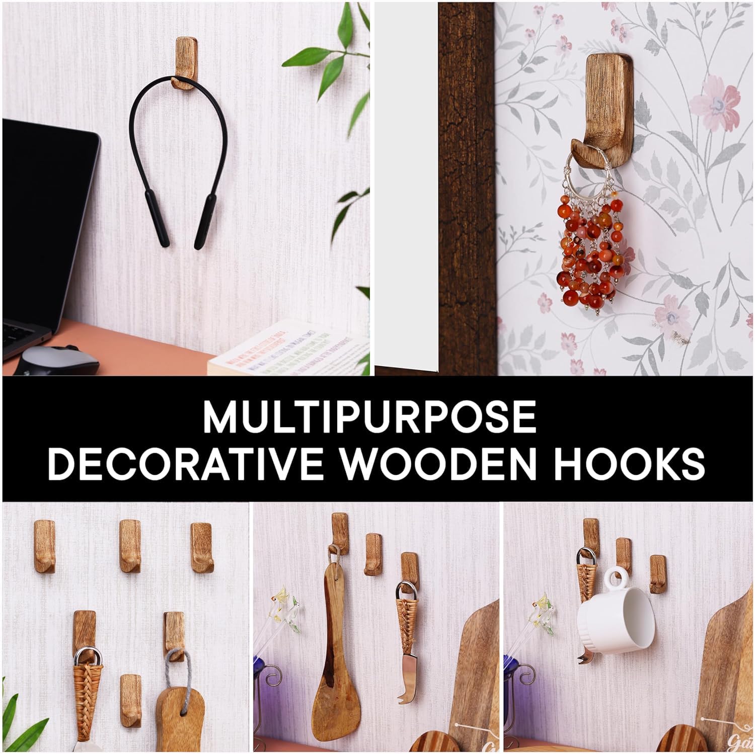 Indian Shelf 6 Pack No Damage Wood Wall Hooks- Small Adhesive Wall Hooks- Boho Key Decorative Wall Hooks for Hanging- Wood Hangers- Sticky Coat Hooks Wall Mount- Towel Hooks for Bathroom Wall Mounted