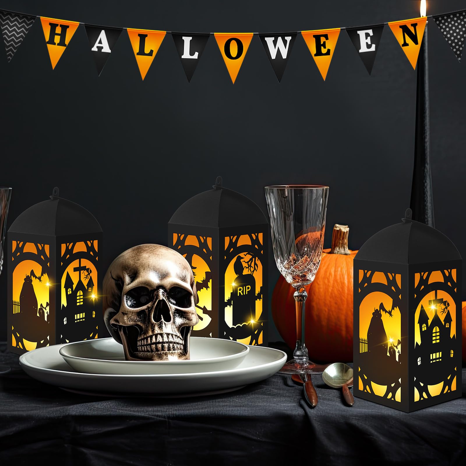 Glooglitter 6 Pcs Halloween Paper Lantern Halloween Table Centerpieces Spooky Halloween Lanterns with LED String Lights Spooky Skeleton Owl Bat Castle Pumpkin Party Decoration