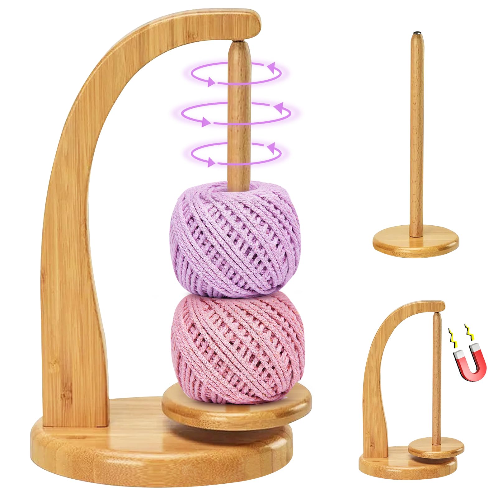 Yarn Spinner,Yarn Ball Holder, Yarn Holder for Crocheting,Wooden Yarn Spinner for Crocheting with Magnetic Metal Twirling Mechanism and Anti - Slip Pads Crochet Gift for Knitting Lovers,1 Spindle