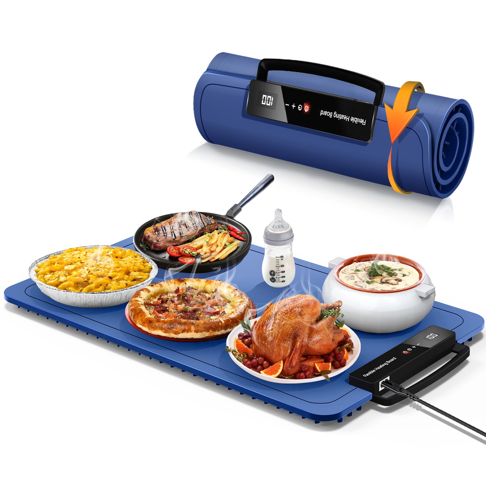 Food Warming Mat for Electric Warming Tray: 24H Timer Full Surface Heating Food Warmer - 7 Temperature Portable Food Warming Mat for Buffet - Silicone Heating Mat for Parties and Daily Use