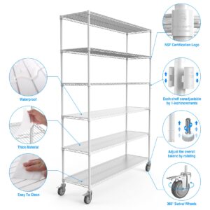 NicBex 6-Tier Heavy Duty Storage Shelving Unit with Adjustable Shelves Wire Shelving with Wheels and 6000LBS Load Metal Shelf for Kitchen, Pantry, and Bathroom,60" W x 18" D x 82" H, White