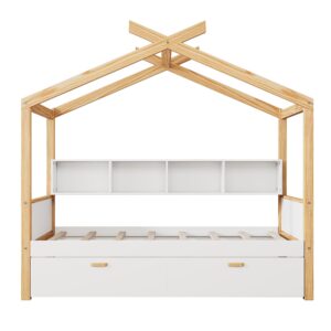 Merax Kids House Beds with Drawers & Shelves,Full Wood Storage Low Bed Frames for Boys,Girls, No Box Spring Need/Easy Assemble(Full,White)