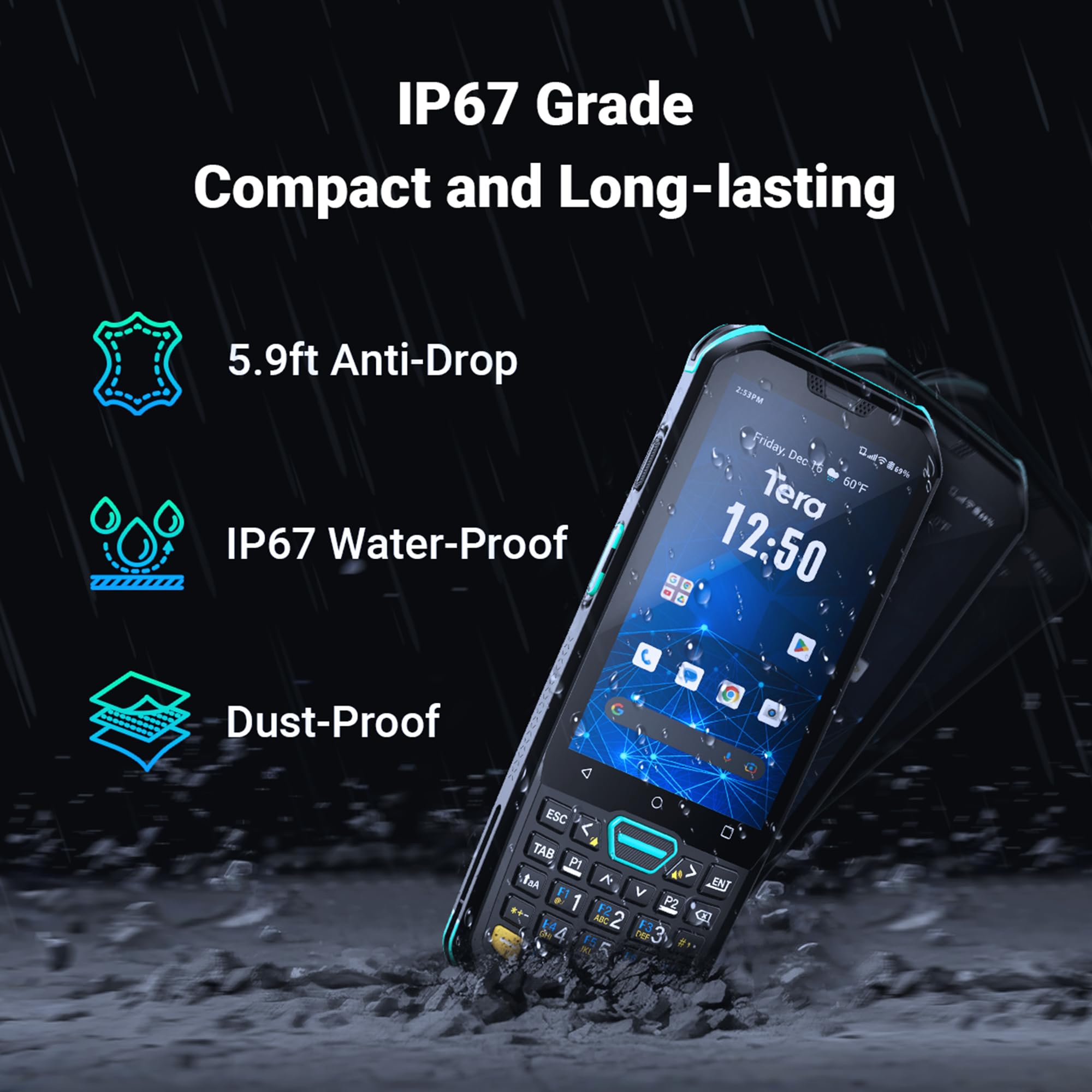 Tera Android 11 Barcode Scanner PDA: HS7 Scan Engine 26 Keys IP67 Rugged 4+64GB 5100 mAh Battery QC 3.0 Fast Charge 4” Touch Screen Mobile Terminal for Warehouse Inventory Scanner P400