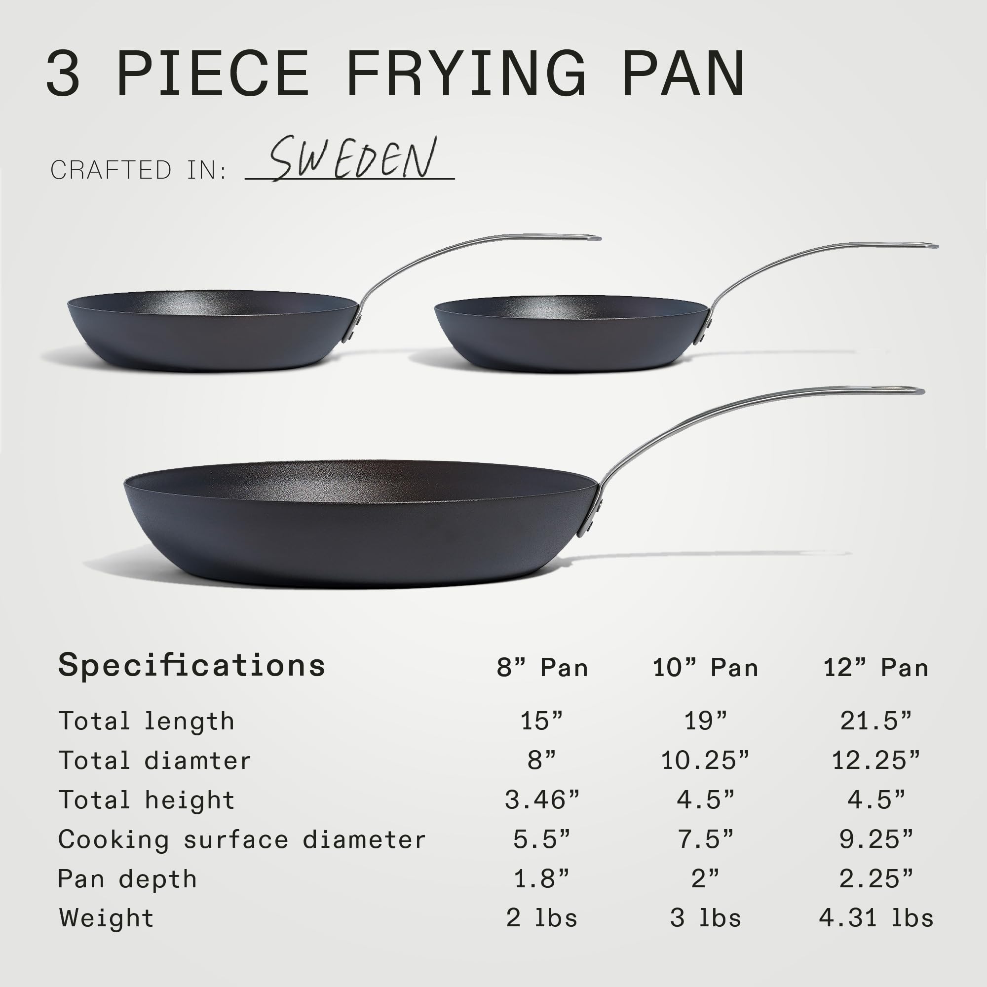 Made In Cookware - 3 Piece (Includes 8",10",12") Seasoned Blue Carbon Steel Frying Pan - (Like Cast Iron, but Better) - Professional Cookware - Crafted in Sweden - Induction Compatible