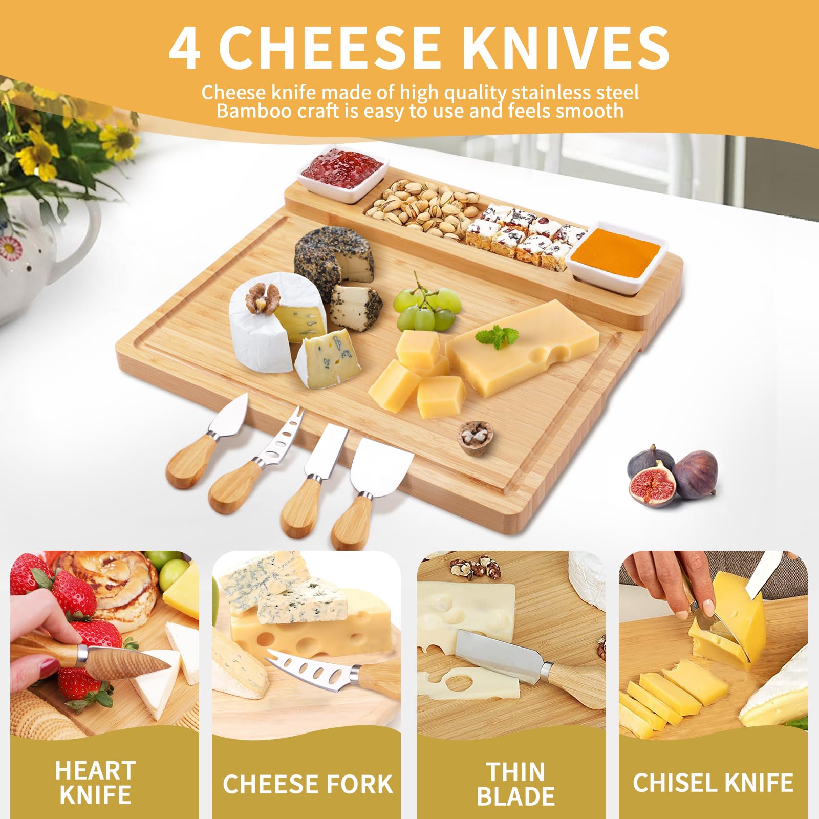 Large Charcuterie Boards, Cheese Boards and Knife Set, Bamboo Wine Meat Cheese Tray Platter, Charcuterie Platter Cheese Trays, Unique Housewarming/Wedding/Bridal Shower Gifts for Couple